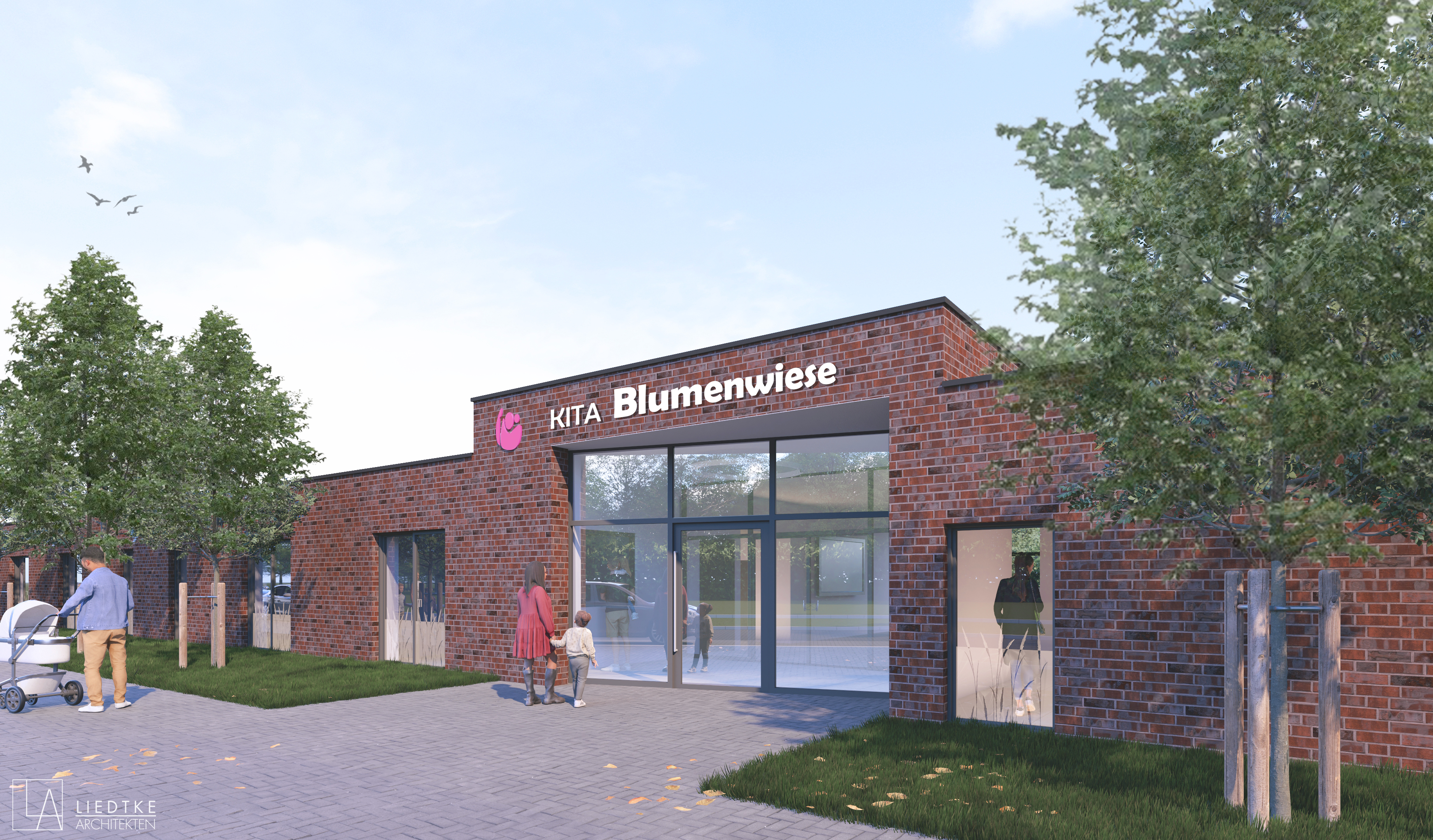 Architektenansicht eines Backsteinhauses. In wei&szlig;er Schrift steht 