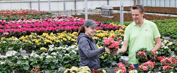 Auszubildende mit Anleiter in einer Gewächshalle inmitten von Blumen.