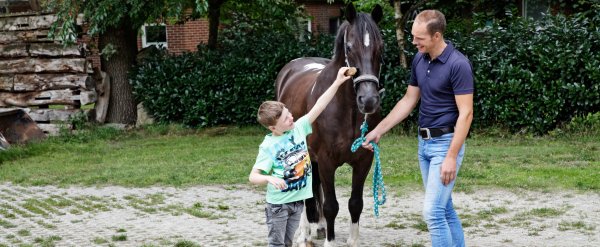Kind striegelt ein Pferd. Betreuer steht daneben und hält die Zügel.