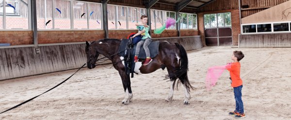 Zwei Kinder jonglieren in der Reithalle mit Tüchern. Eines sitzt auf einem Pferd.