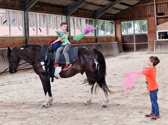 Zwei Kinder jonglieren in der Reithalle mit Tüchern. Eines sitzt auf einem Pferd.